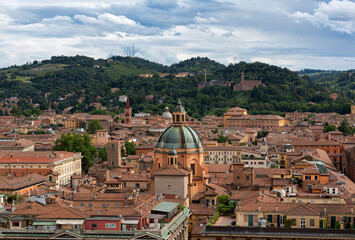 Aerial view of Bologna old town, Emilia Romagna, Italy with Palazzo dei Banchi with arched...