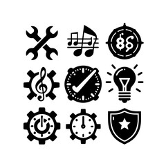 Collection of various icons representing tools, music, finance, and time isolated on white background