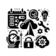 Calendar, cloud, lock, wrench, gear, bulb, and clock isolated on white background