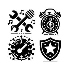 Set of icons representing tools, music, time, virus and protection isolated on white background