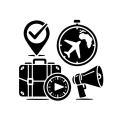 Travel icons including a suitcase, airplane, clock, and megaphone isolated on white