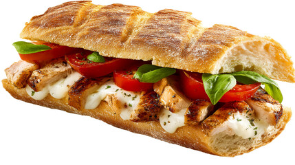 Hearty grilled chicken and tomato sandwich on a crusty baguette with melted cheese and fresh basil