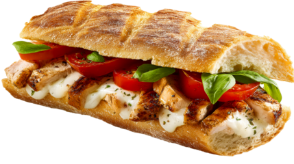 Hearty grilled chicken and tomato sandwich on a crusty baguette with melted cheese and fresh basil