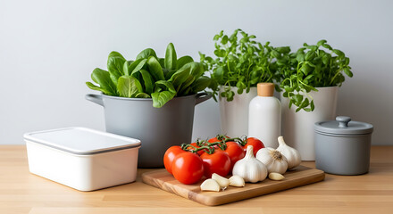 Fresh tomatoes, garlic, and herbs in pots on a wooden table, ready for cooking