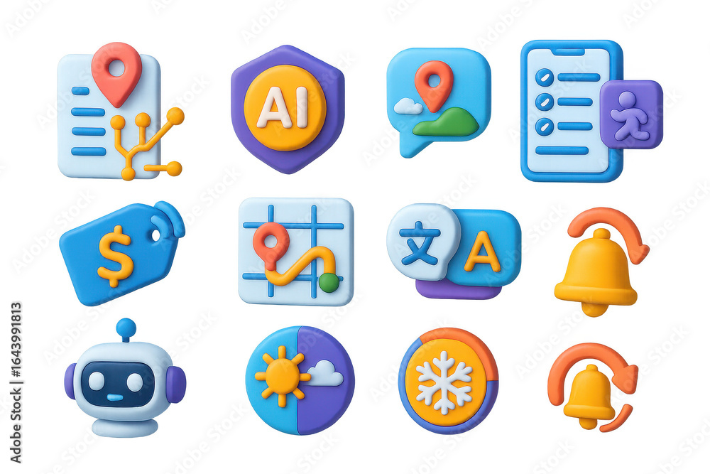 Poster set of blue and orange icons with a robot on the left and a bell on the right