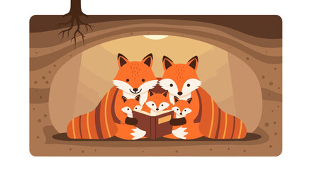 Adorable cartoon illustration featuring a fox family reading a book in their cozy burrow