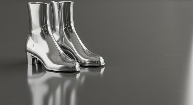 Shiny silver high-heeled boots on reflective surface