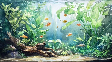 Serene Underwater Watercolor: A Vibrant Aquarium Ecosystem