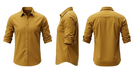 Mustard Shirt Mockup: Front, Side, and Back Views on White Background