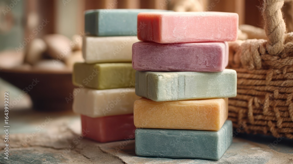 Poster stacked soap bars in spa setting with natural elements and textures