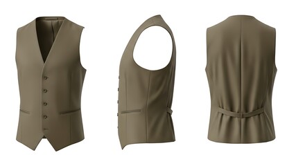 Elegant Olive Green Vest Mockup: Front, Side, and Back Views for Apparel Design