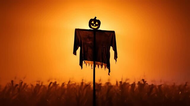 Scary Halloween Scarecrow with a Pumpkin Head in a Foggy Field at Dusk