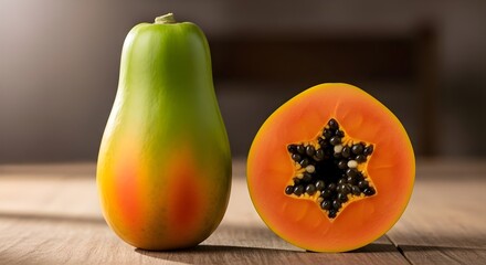A whole papaya and a halved papaya with seeds on a wooden surface in soft studio lighting setup on transparent background