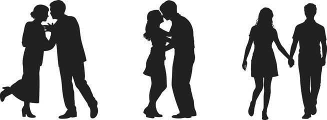 Romantic couple silhouette, love, kissing, walking, holding hands, dating, affection, relationship, emotional moment, black and white vector art