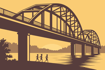 Obraz premium The Florence Bridge in Alabama at twilight, with reflective water and local runners crossing at golden hour, modern flat illustration style.