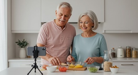 Senior couple cooking together in a modern kitchen