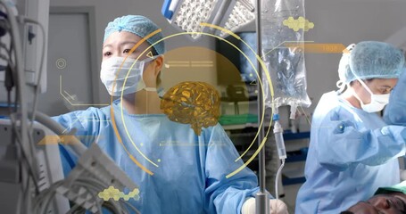 Lead surgeon spotting rotating holographic 3D brain tapping region, adjusting IV clamp for surgery - Powered by Adobe