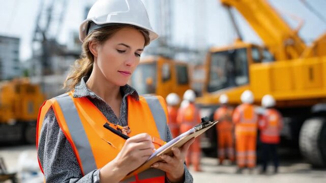 Building Confidence: A focused woman in a safety helmet and vest meticulously documents observations at a construction site.