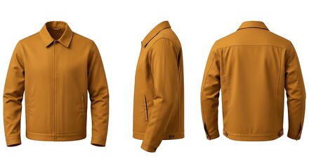 Men's Mustard Chore Jacket Mockup: Front, Side and Back Views