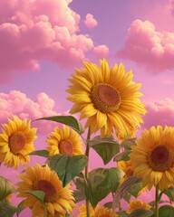 Obraz premium Vibrant sunflowers dominate the foreground against a dreamy, pastel pink sky filled with fluffy clouds