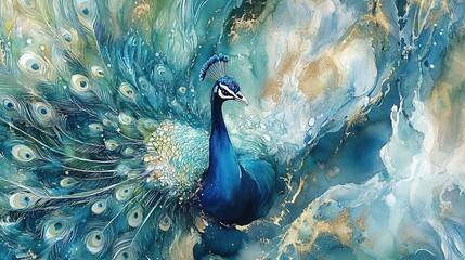 Peacock in Teal and Gold Abstract Art