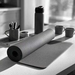 Rolled yoga mat on a table near a water bottle, mugs, and stationery. Sunlit scene, monochrome
