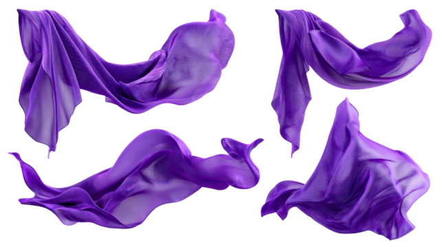 Four flowing purple fabric pieces with linear texture and transparent background