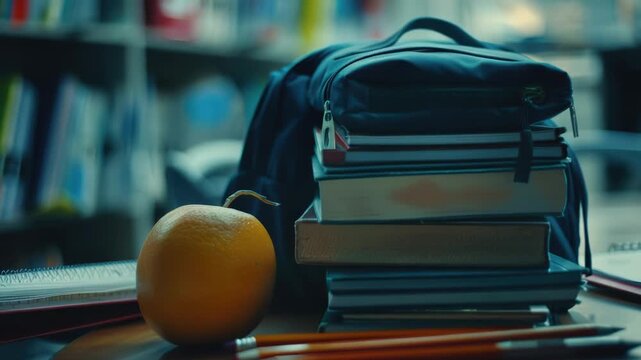 A stack of books and an orange placed on a table, great for illustrating study or leisure time
