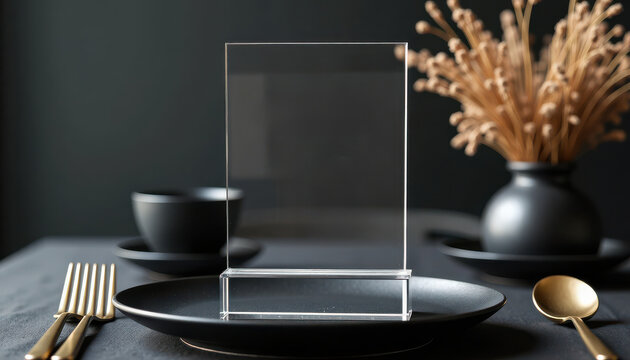 Table number mockup. Minimal table card mockup with gold cutlery and dark style