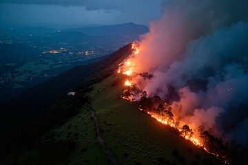 Fototapeta premium Wildfire in national park burns hillside at night, large smoke plume rising, orange glow illuminating surrounding area. Concept of Wildfire in national park highlights destruction.