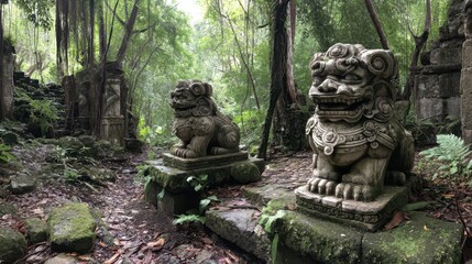 Fototapeta premium Stone Guardian Statues Amid Jungle Ruins in Serene Environment