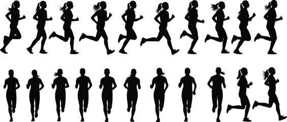 Diverse Silhouettes of Female Athletes Running and Jogging in Various Poses, Ideal for Fitness, Health, and Active Lifestyle Concepts, Dynamic Black and White Vector Graphics