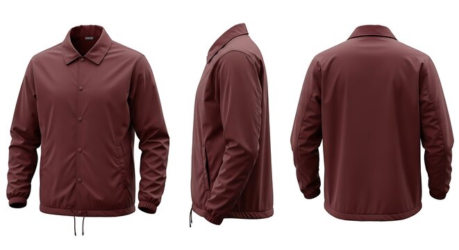 Burgundy Coach Jacket Mockup: Front, Side, and Back Views on White Background