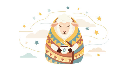 Naklejka premium A cute sheep wrapped in a blanket and drinking warm beverage illustration isolated on white background suitable for winter holidays