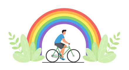 A cyclist enjoys a ride beneath a vibrant rainbow amidst lush greenery, showcasing freedom and nature