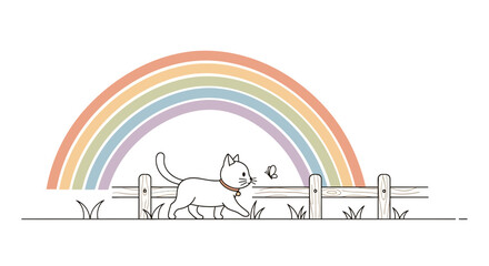 Adorable illustration of a cat walking near a fence under a vibrant rainbow backdrop