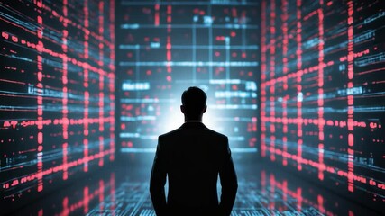 Man Silhouette Standing Digital Grid Corridor Red Blue Lights Technology Environment - Powered by Adobe