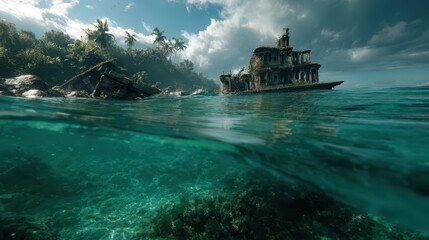 Naklejka premium Breathtaking View of Sunken City Beneath Clear Ocean Waters