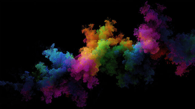 A stunning abstract fractal image featuring a brightly colored cloud of small particles in purple, blue, green, orange, and pink, creating a dynamic and visually appealing modern backdrop