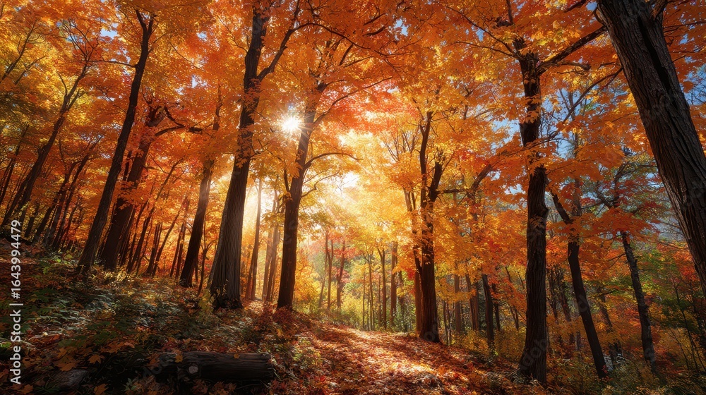 Poster sunlight filtering through colorful maple trees in autumn forest
