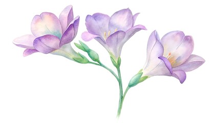 Watercolor painting of a freesia flower stem isolated on white background