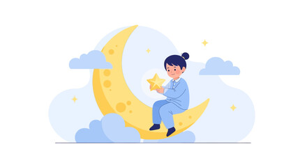A whimsical illustration of a child holding a star while sitting on the moon