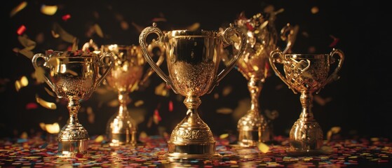 The collection of golden trophies celebrating achievements and victories.