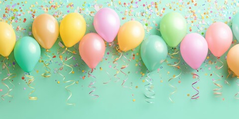 The colorful balloons and confetti create a vibrant celebration backdrop.