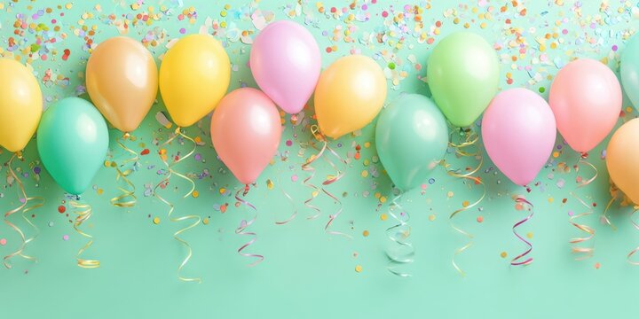 The colorful balloons and confetti create a vibrant celebration backdrop.