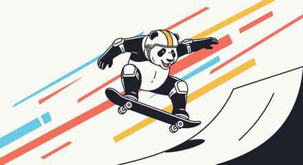 Obraz premium A dynamic panda skateboarder design with vibrant stripes against a white background is engaging and modern