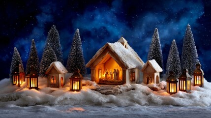 Fototapeta premium Beautifully Crafted Nativity Scene with Cozy Stable and Glowing Lanterns Under a Starry Night Sky