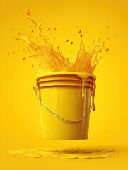 Vibrant yellow paint explodes from a bucket, splashing dynamically against a matching background; droplets suspended mid-air, creating a lively, energetic composition