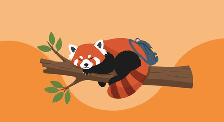 A whimsical illustration of a red panda peacefully sleeping on a tree branch with backpack adds charm