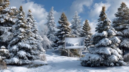 Fototapeta premium Winter Landscape Featuring Snow-Covered Trees and Large Freestanding Sign in a Snowy Park